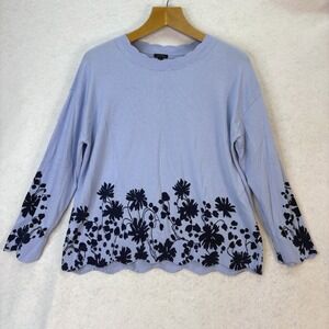 Talbots Blue Floral Scalloped Hem Knit Sweater Womens XL Cottagecore Soft Girl